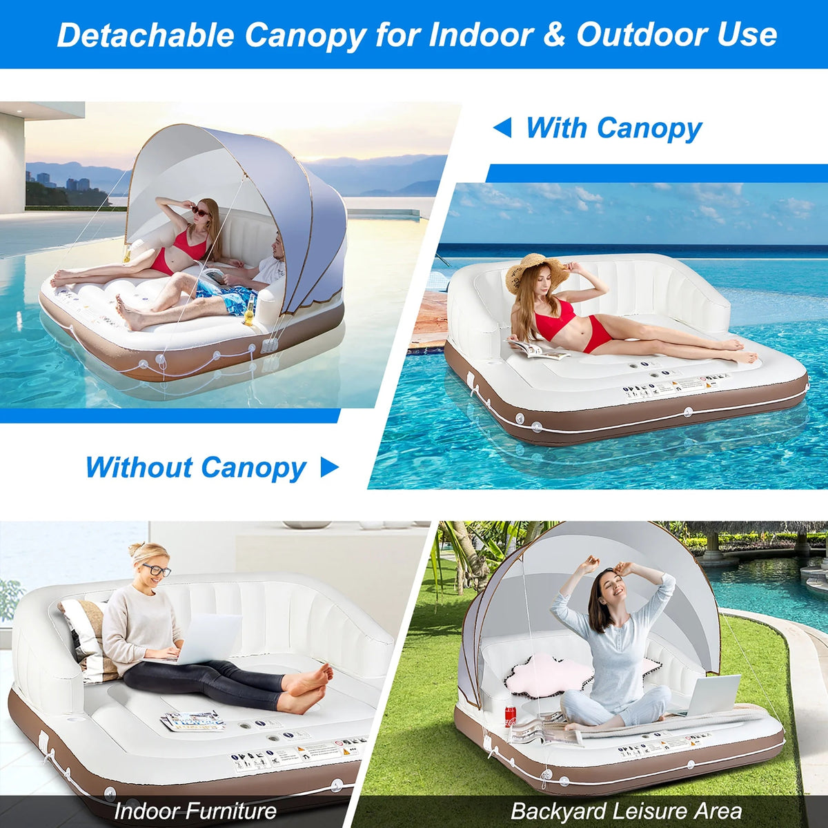 Costway Canopy Inflatable Pool Float Lounge, 71'' x 71'' x 63'' - White Brown Silver