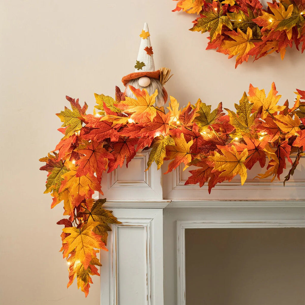 Thanksgiving LED Lighted Fall Maple Leaf Wreath And Garland, 24 in Wreath / 72 in Garland - 20 Clear Lights