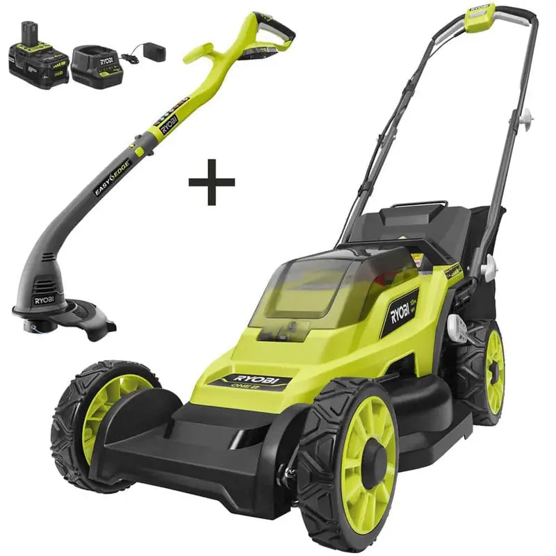 RYOBI ONE+ 18V Cordless 13 in Lawn Mower and 10 in String Trimmer Kit with 4.0 Ah Battery and Charger - P1180-4X