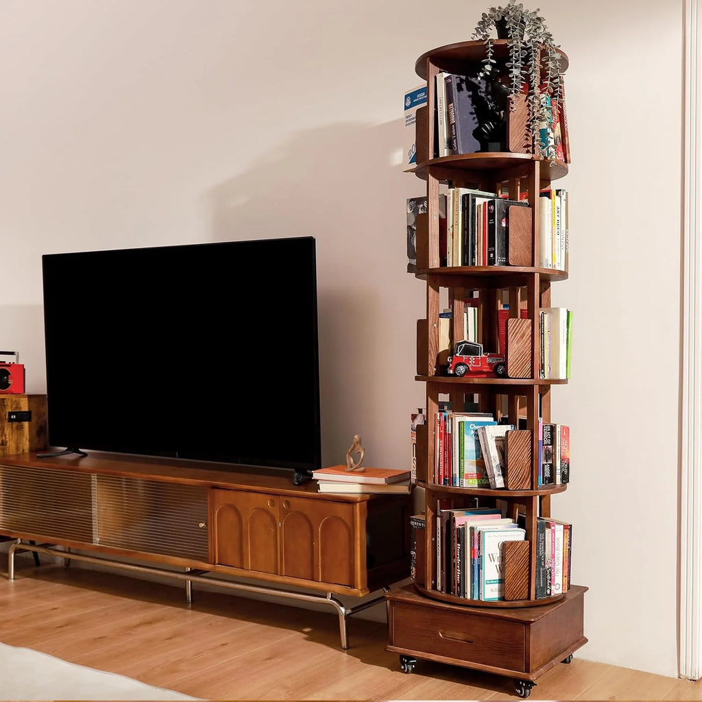 Solid Wood Rotating Bookshelf With 5 Shelves, 1 Drawer, Wheels, Walnut Finish, 72-inch High