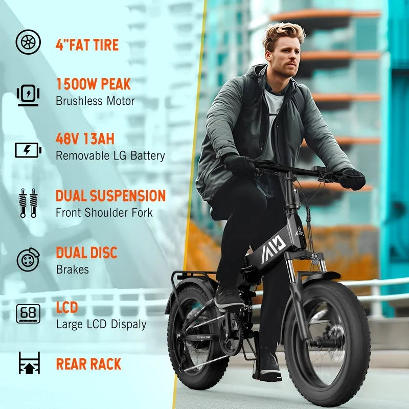 TST Foldable Electric Bike, 20in 4.0 Fat Tire, 48V 13Ah, 750W, Black - Buddy Pro