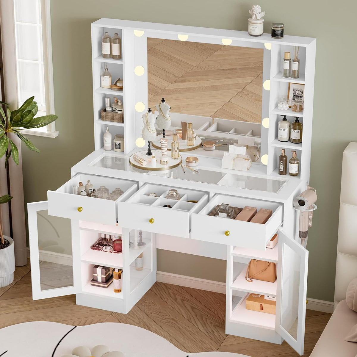 Makeup Vanity Desk With Mirror, LED Lights, Glass Top, 3 Drawers And 2 RGB Glass Cabinets, White
