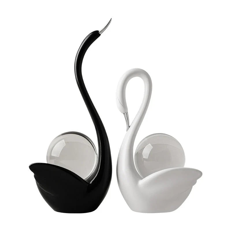Ceramic Swan Figurine With Glass Sphere Decorative Sculpture