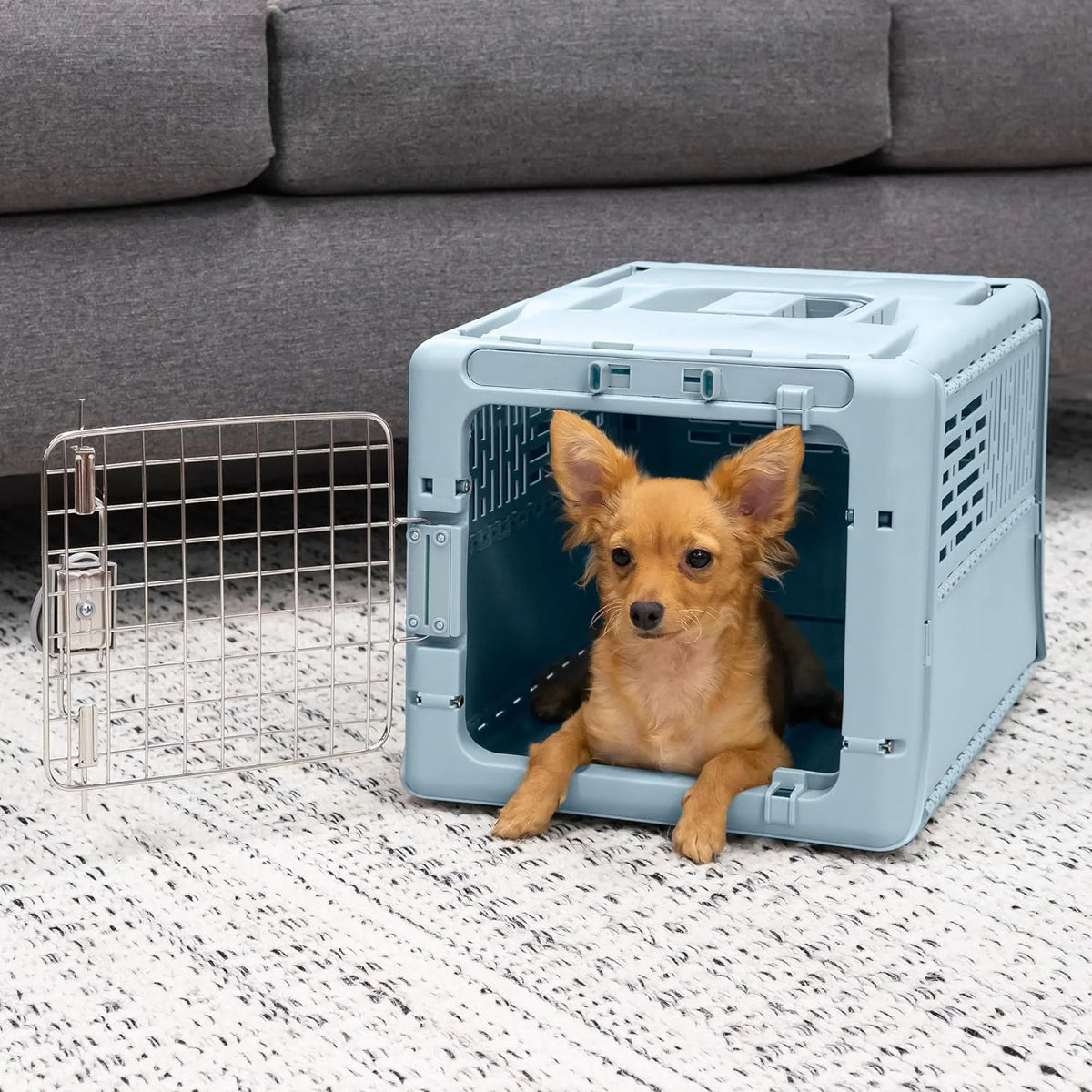 SportPet Designs Plastic Airline Approved Rolling Dog Kennel With Wire Door, XXX-Large, Gray, 48in L x 32in W x 36in H