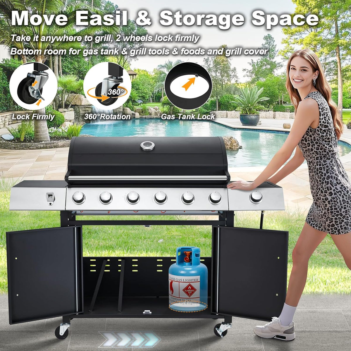 4-Burner Propane Gas Grill With Cast Iron Grates, Side Stove And 44,000 BTU Stainless Steel Burners