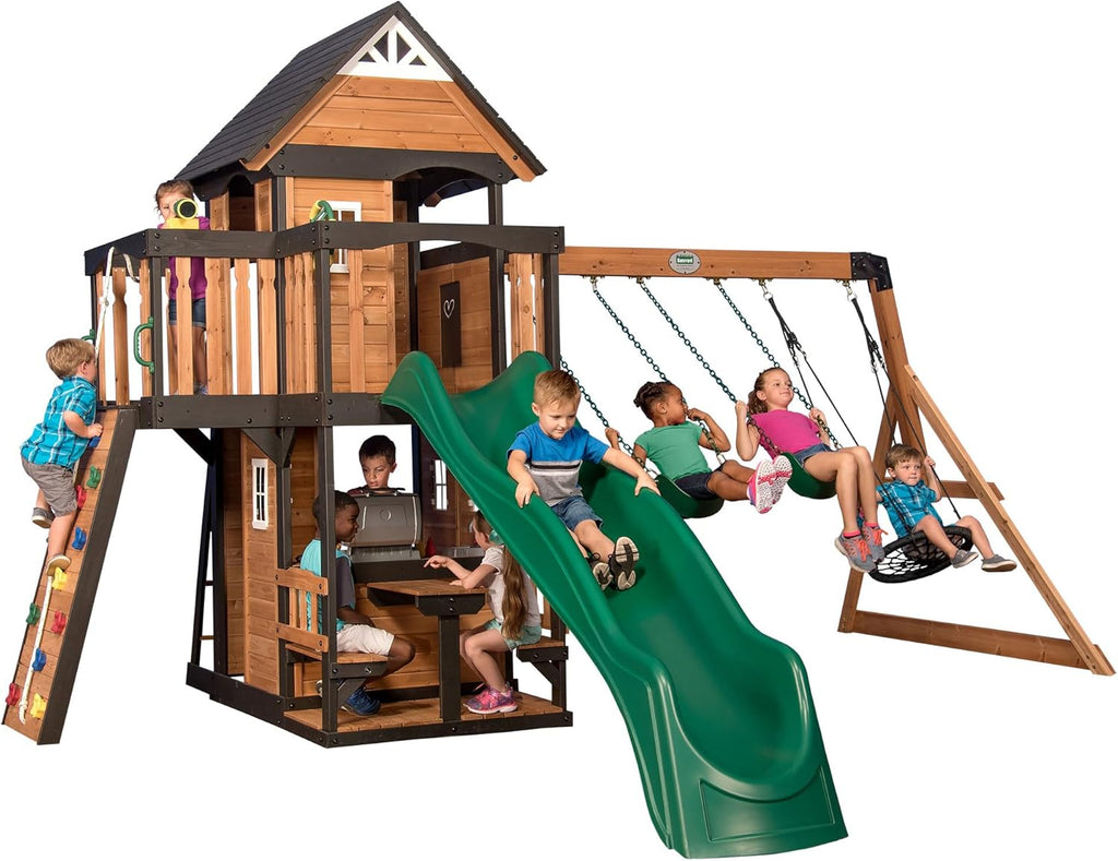 Backyard Discovery Swing Set With Playhouse, 10-foot Wave Slide And 2 Belt Swings - Gorge Creek