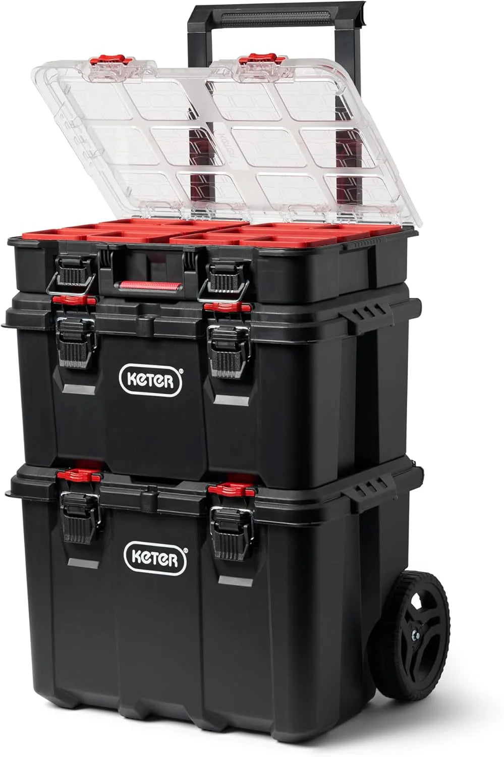 Keter Rolling Tool Box System, 3 Piece, Black/Red - 3 Piece Resin Modular Toolbox System