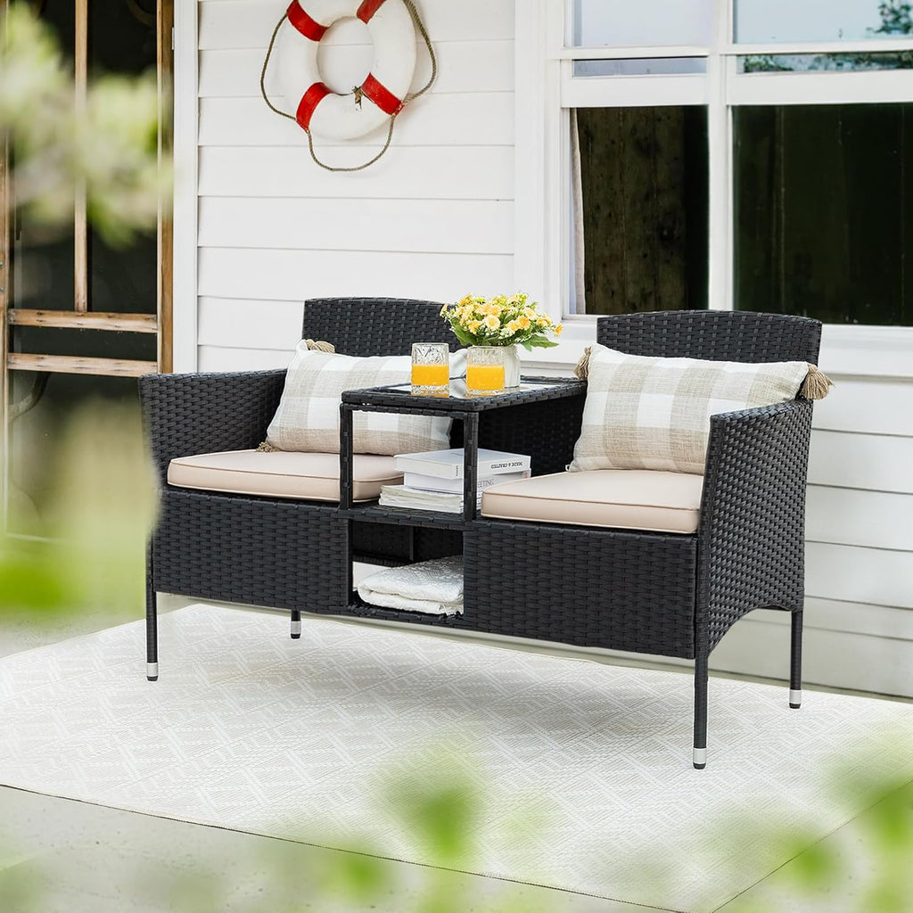 Flamaker Outdoor Wicker Patio Loveseat With Built-In Table And Cushions, Beige - 49.2 x 21.3 x 30.9 in