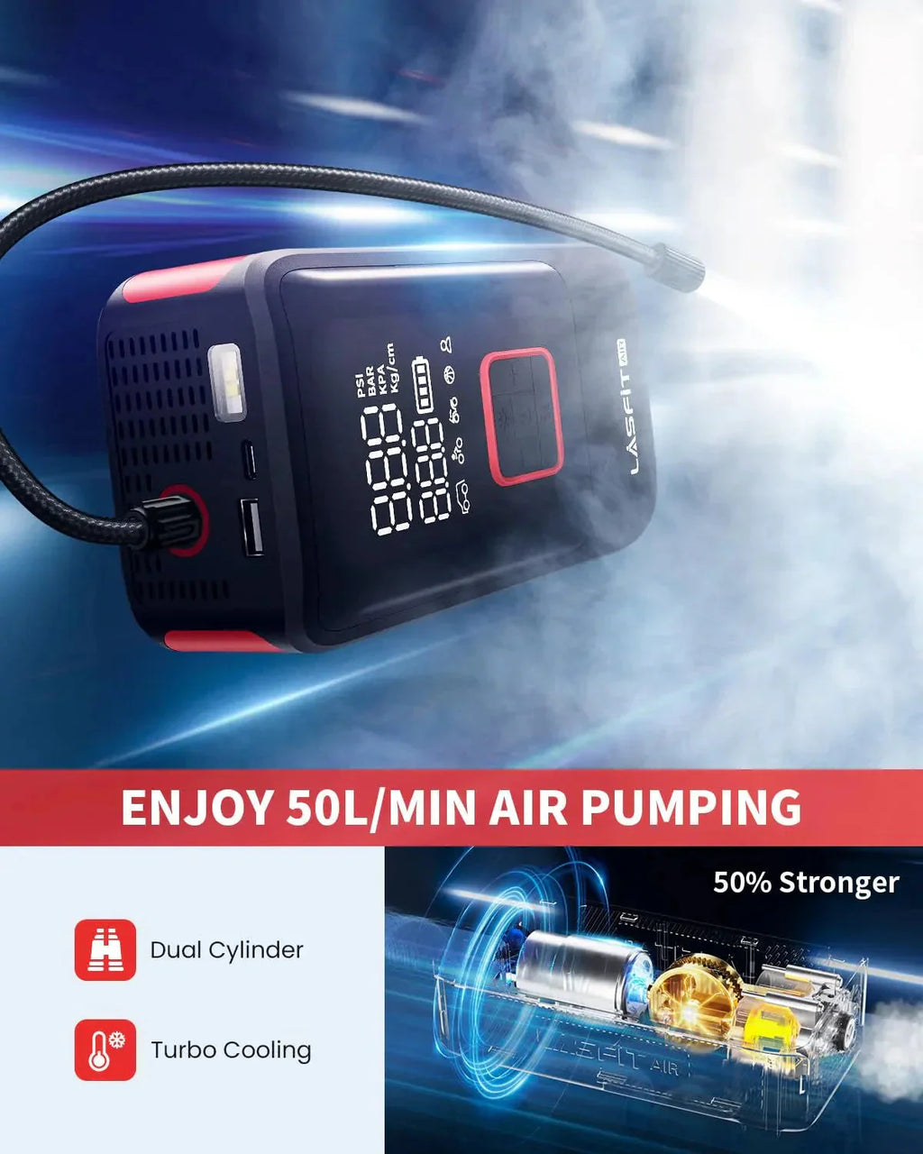 LASFIT Portable Tire Inflator Air Compressor, 150PSI, 12000mAh, 12V Corded/Cordless - AIR TK1