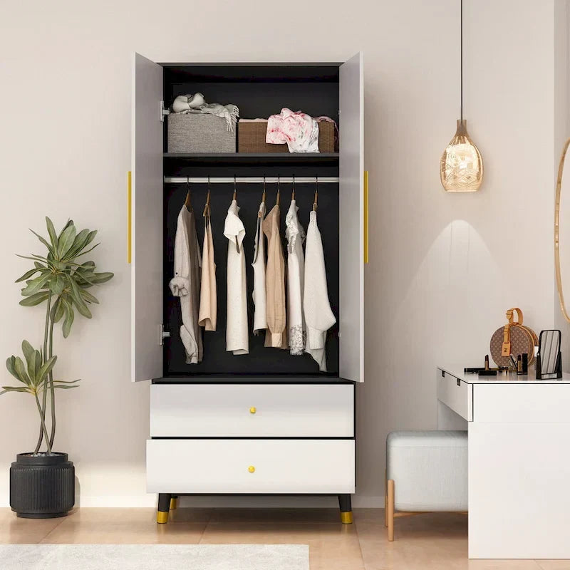 2-Door Wardrobe Closet Armoire With 2 Drawers And Clothes Rail - 70.9H x 31.5W x 19.1D