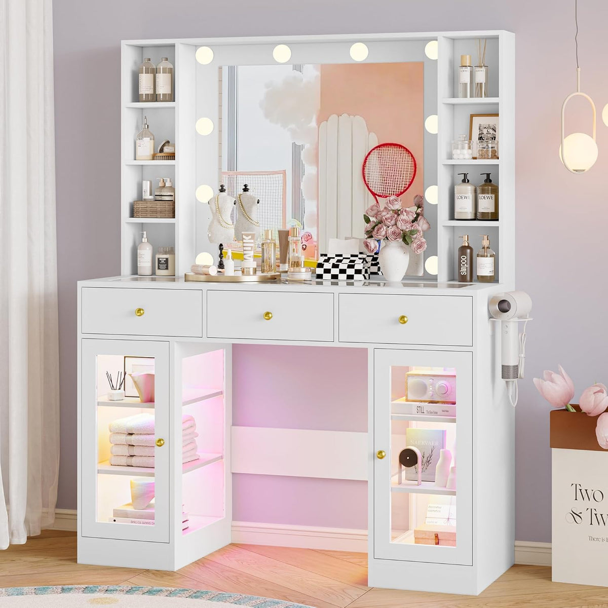 Makeup Vanity Desk With Mirror, LED Lights, Glass Top, 3 Drawers And 2 RGB Glass Cabinets, White