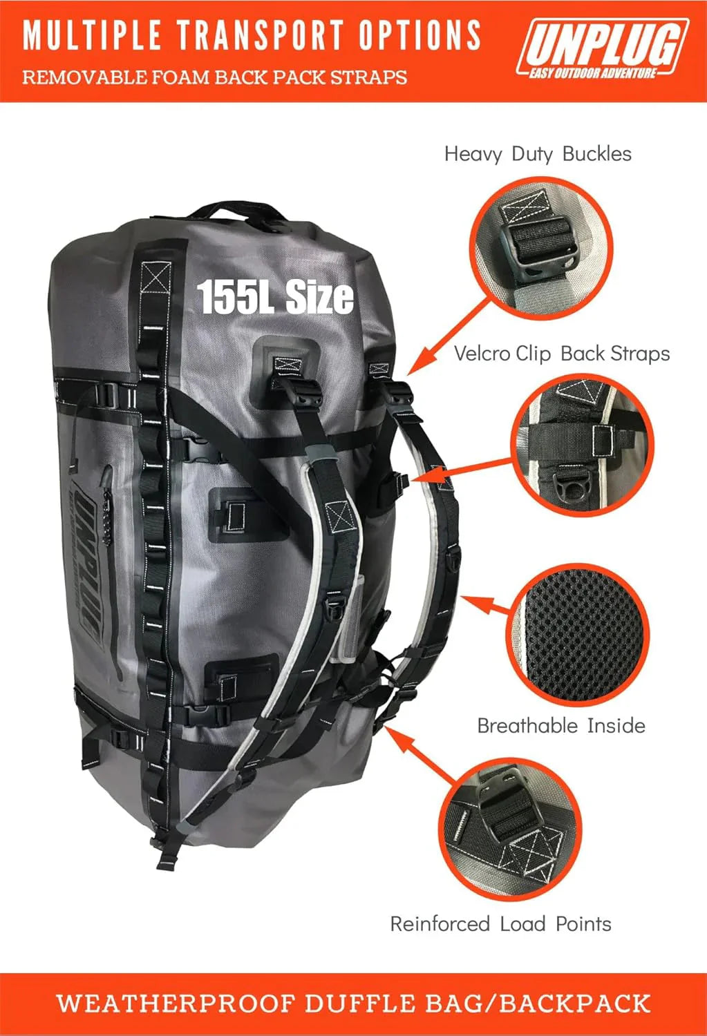 UNPLUG Waterproof Duffel Backpack, 65L, Adventure Orange - 100000