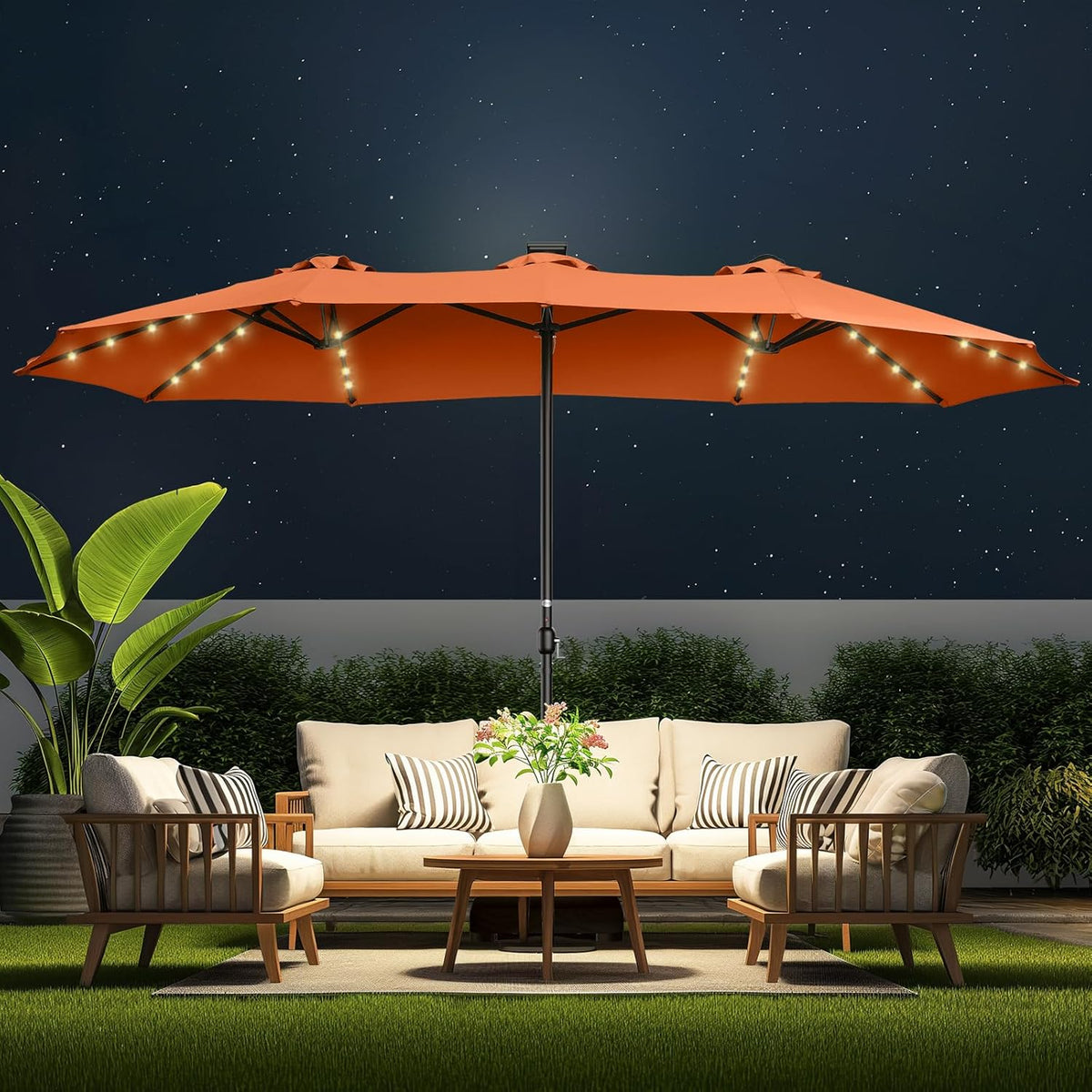 HOMSHADE Double-Sided Patio Umbrella, 15ft Solar LED Lights With Base Included