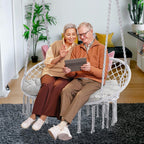Macrame Hammock Chair Swing With Cushion, Cotton Ropes, Metal Frame, 55 x 21 in, 450 lbs Capacity, Beige - Double Swing