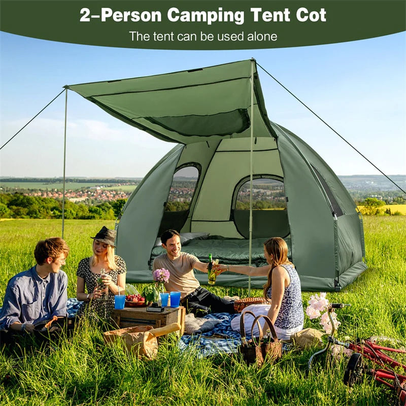 5-in-1 2-Person Portable Camping Tent Cot With Air Mattress, Sleeping Bags And Sunshade - Green & Blue