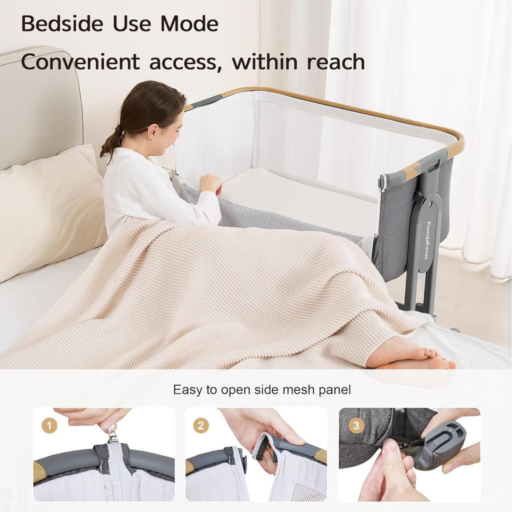Maydolly 3-in-1 Baby Bassinet Bedside Crib With Mattress And Soft Breathable Sheet, 7-Height Adjustable, Grey