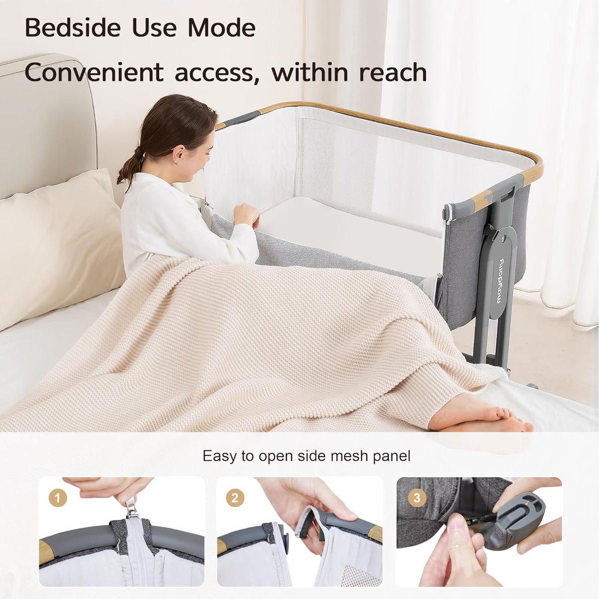 Maydolly 3-in-1 Baby Bassinet Bedside Crib With Mattress And Soft Breathable Sheet, 7-Height Adjustable, Grey