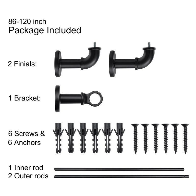 1 Inch Industrial Wrap-Around Curtain Rods, Matte Black, 28-48 in, 48-86 in, 86-120 in