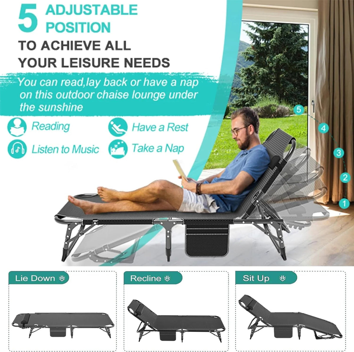 Slsy 5-Position Adjustable Folding Lounge Chair And Cot - 75.2" x 25.6" x 11.8"