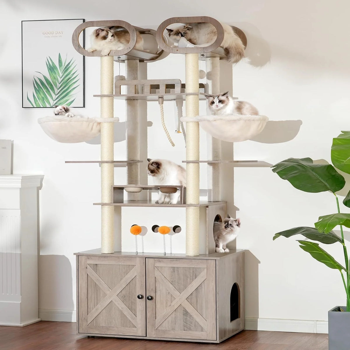 Habori Cat Tower With Litter Box Storage And Feeding Station, 32.3 x 20.1 x 76.8 Inch