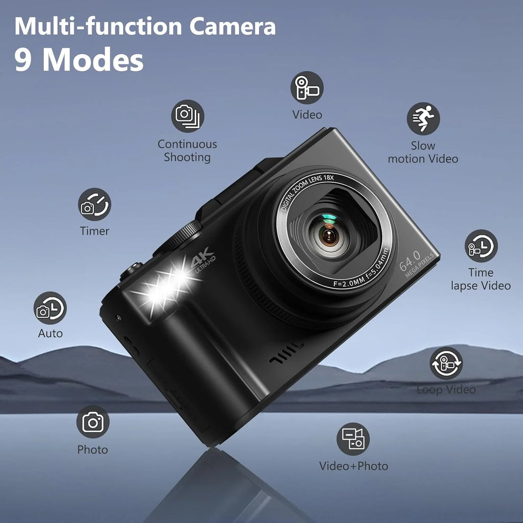 VJIANGER 4K 64MP Digital Camera With 3 inch 180 Degree Flip Screen, 18X Digital Zoom, 32GB Micro SD Card - YL15-W08-C-Black