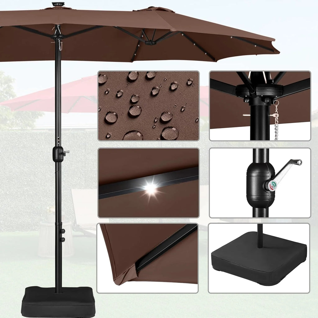 15 ft Double-Sided Rectangular Patio Umbrella With 36 LED Lights And Base - Brown