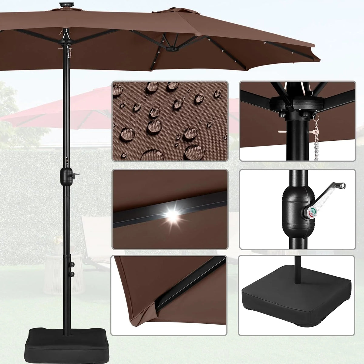 15 ft Double-Sided Rectangular Patio Umbrella With 36 LED Lights And Base - Brown