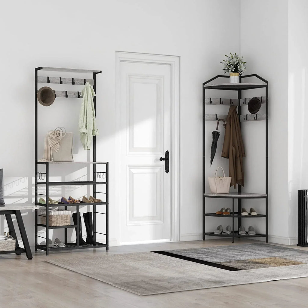 DONFU Corner Hall Tree With Shoe Bench, 10 Movable Metal Hooks, Greige