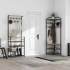 DONFU Corner Hall Tree With Shoe Bench, 10 Movable Metal Hooks, Greige