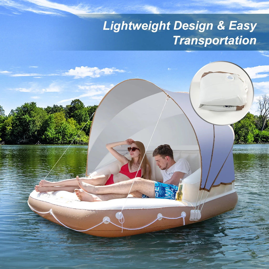 Costway Canopy Inflatable Pool Float Lounge, 71'' x 71'' x 63'' - White Brown Silver