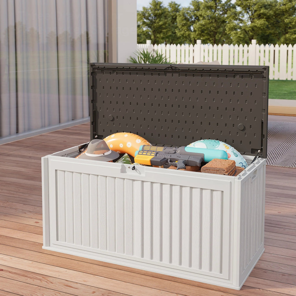 Asofer Resin Deck Box, 100 Gallon, Beige/Brown, 50.4in L x 24.8in W x 25.2in H