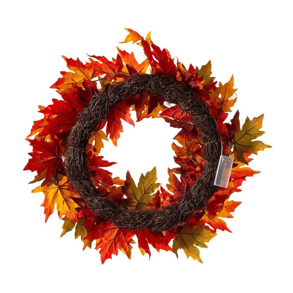 Thanksgiving LED Lighted Fall Maple Leaf Wreath And Garland, 24 in Wreath / 72 in Garland - 20 Clear Lights