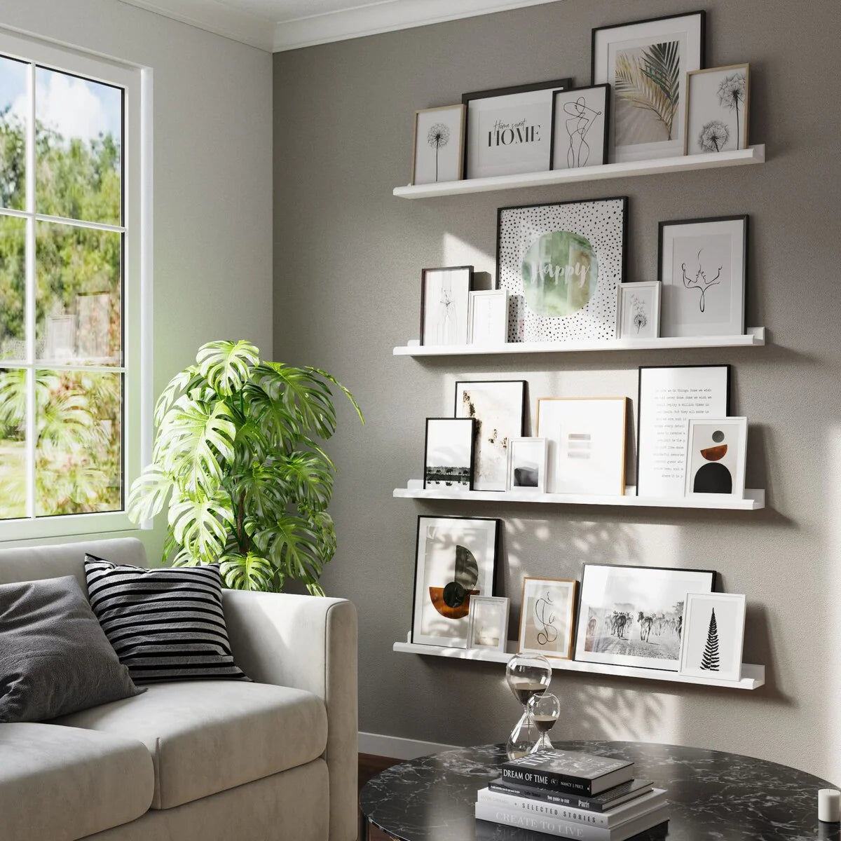 Floating Wall Shelves, Set Of 4, 46 x 3.8 x 2 Inch MDF Wood Picture Ledges