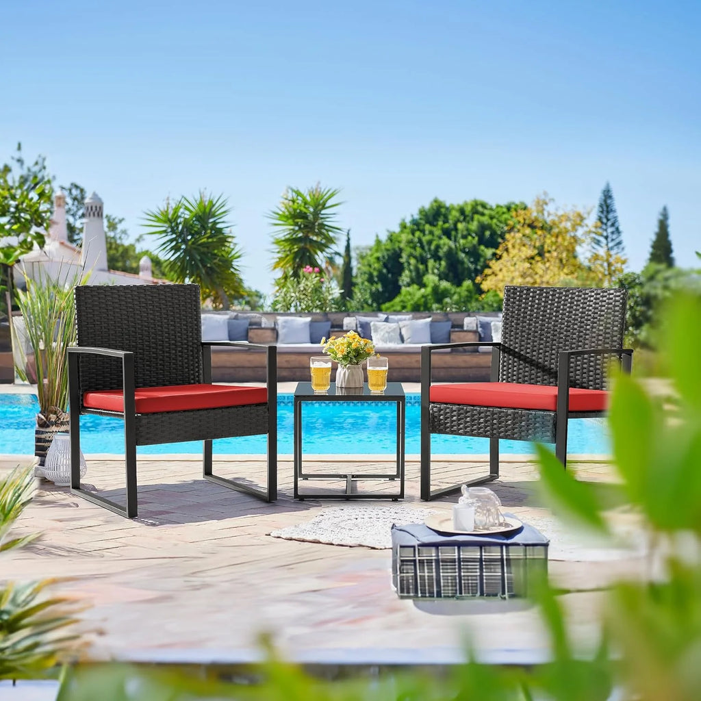 3-Piece Patio Wicker Conversation Set With Coffee Table - Black