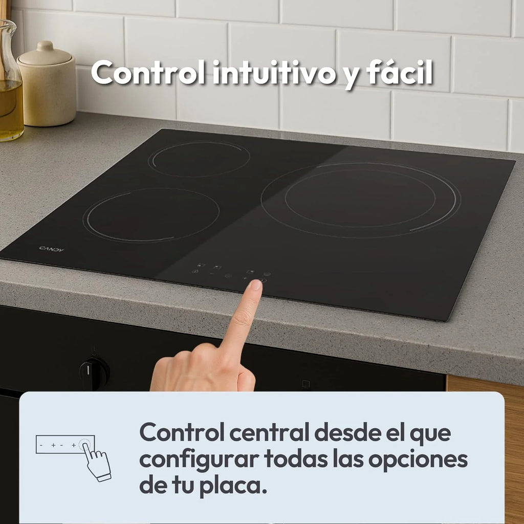 Candy Ceramic Hob 60 cm, 3 Cooking Zones, Double 30 cm Zone, Black - CH63DCC