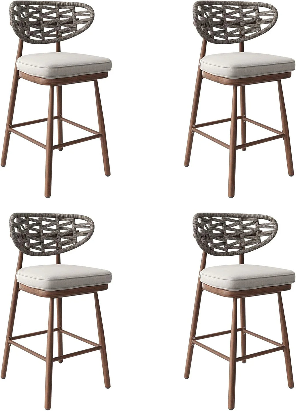 Outdoor Rattan Woven Bar Stools Set Of 2, 29 Inch Bar Height, Teak - Aluminum