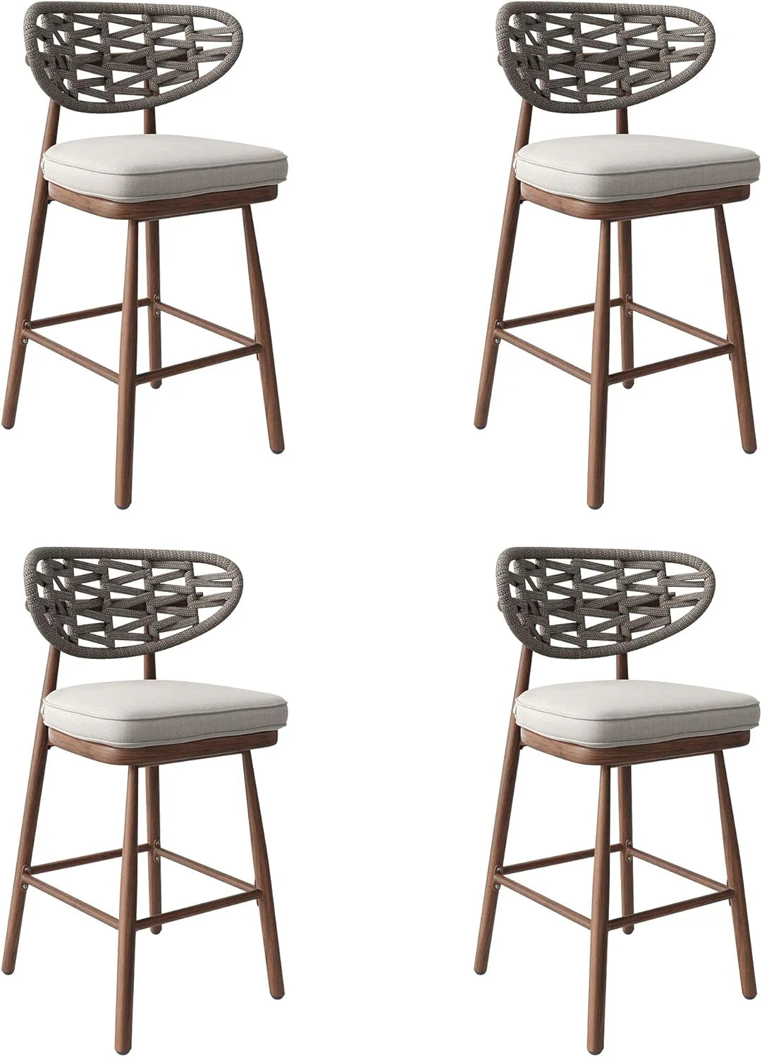 Outdoor Rattan Woven Bar Stools Set Of 2, 29 Inch Bar Height, Teak - Aluminum
