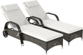 Outsunny PE Rattan Outdoor Chaise Lounge Chair With Wheels, Cushion And Headrest, Brown And Dark Blue - 5-Level Adjustable Backrest