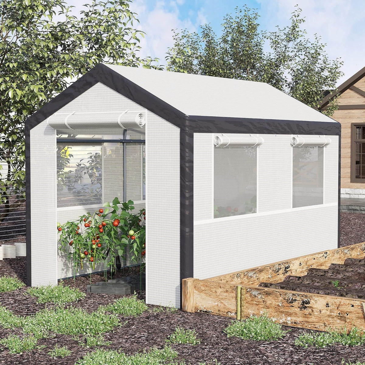 Walk-In Garden Greenhouse 20-Foot x 10-Foot x 9-Foot, White, 6 Roll-Up Windows, 2 Zipper Doors And Rain Cover