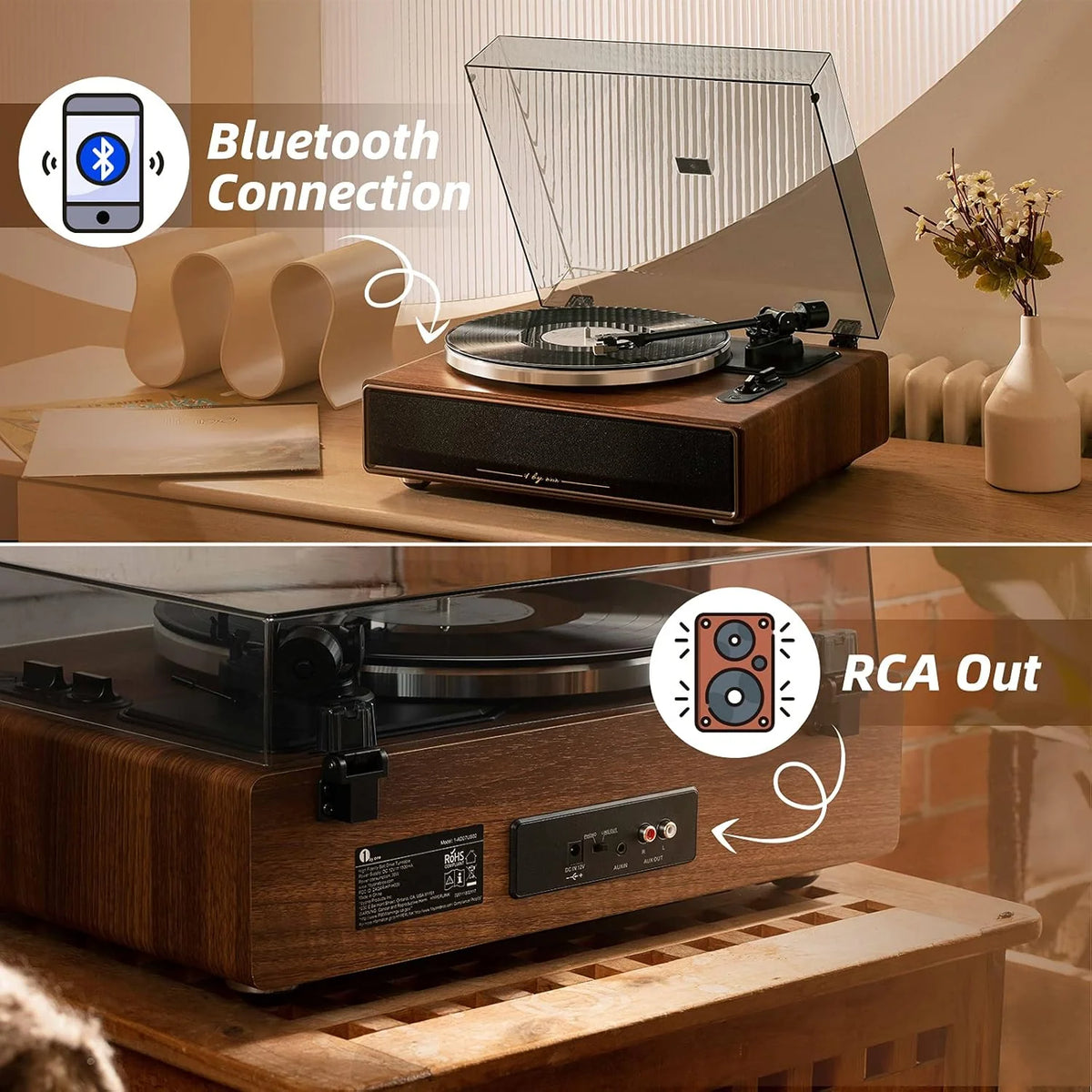 Belt Drive Turntable With Built-In Speakers, Bluetooth, Aux-In, Walnut