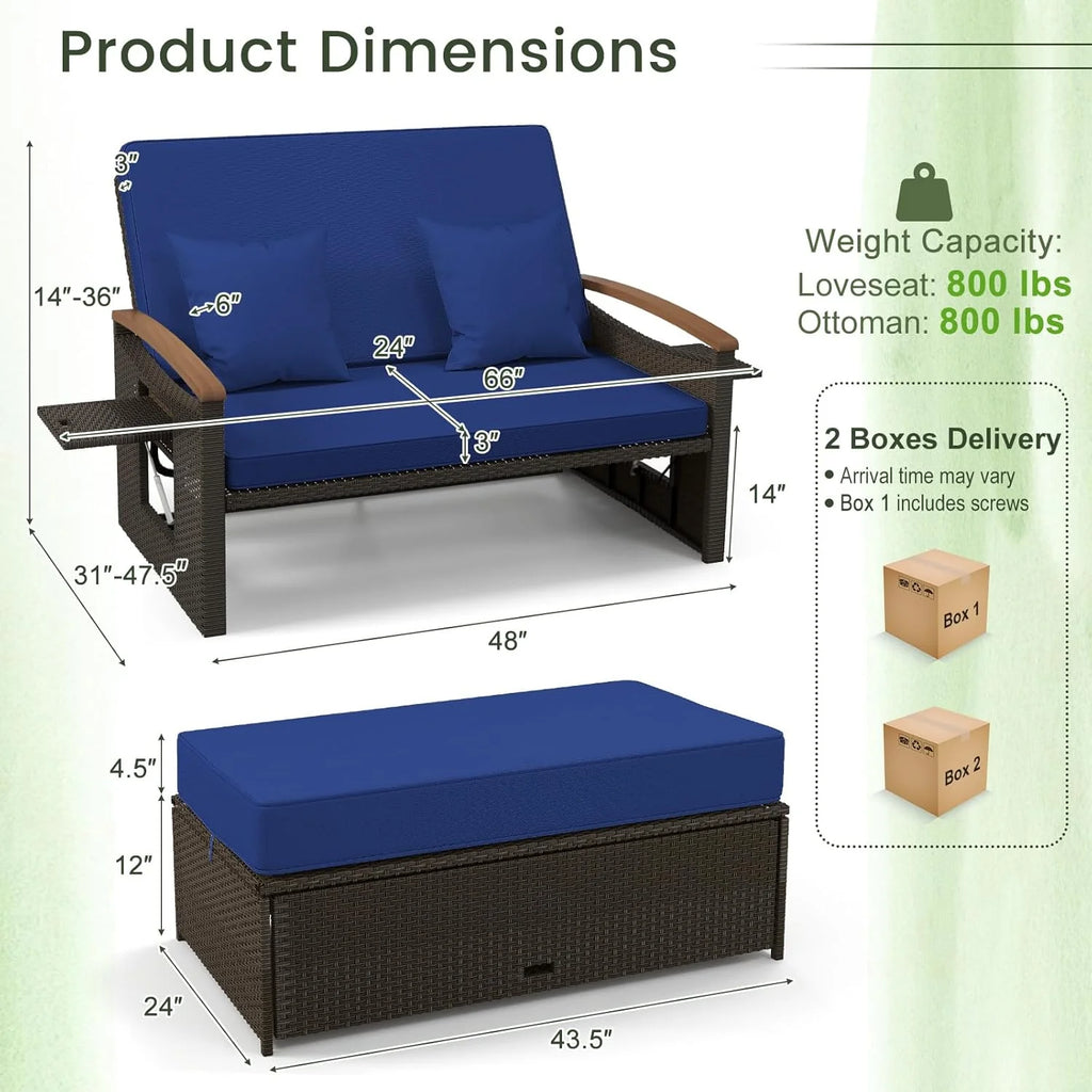 Moccha Outdoor Wicker Daybed Patio Rattan Loveseat Sofa With 4-Level Adjustable Backrest - Beige