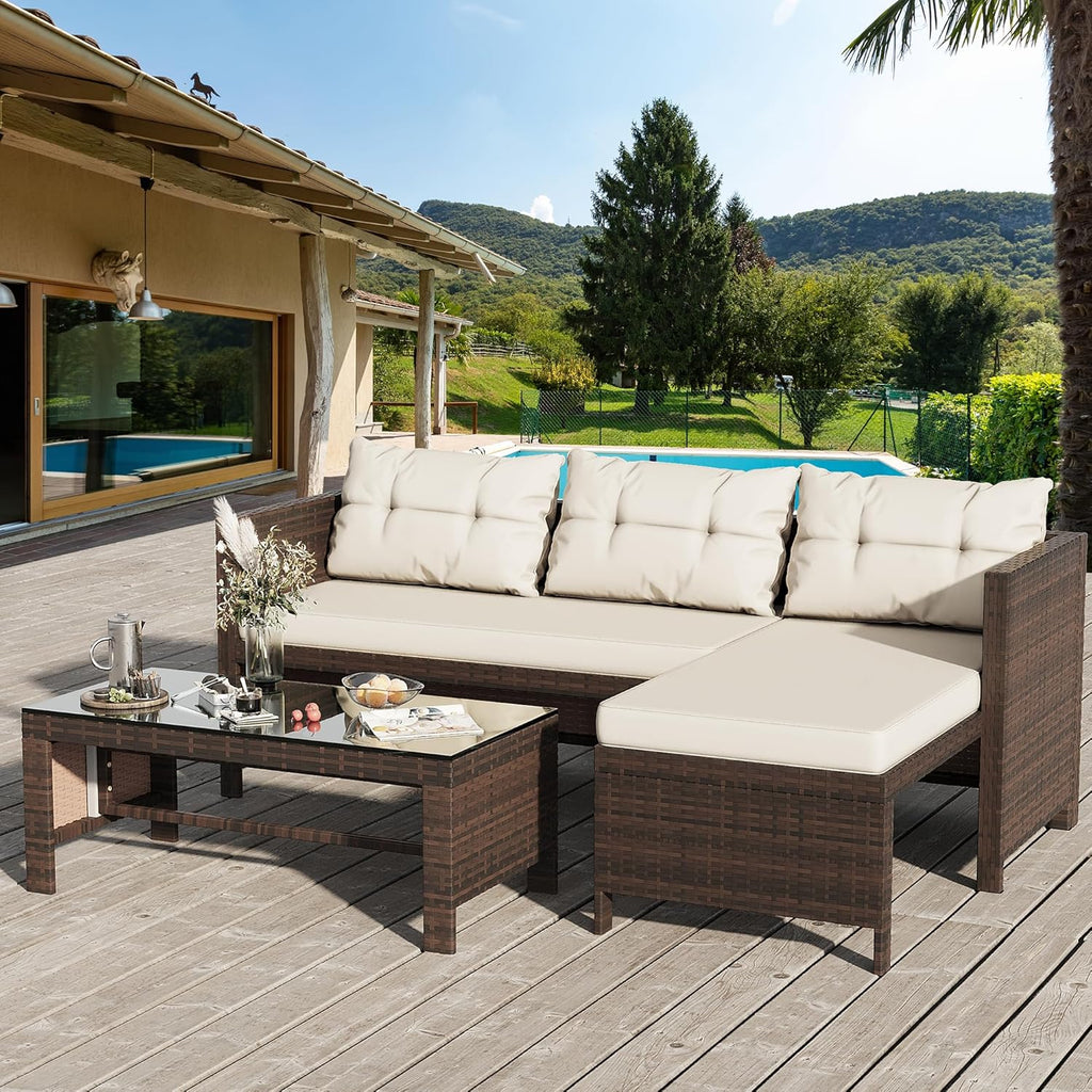 3-Piece Wicker Rattan Patio Seating Set With Glass Coffee Table And Beige Cushions