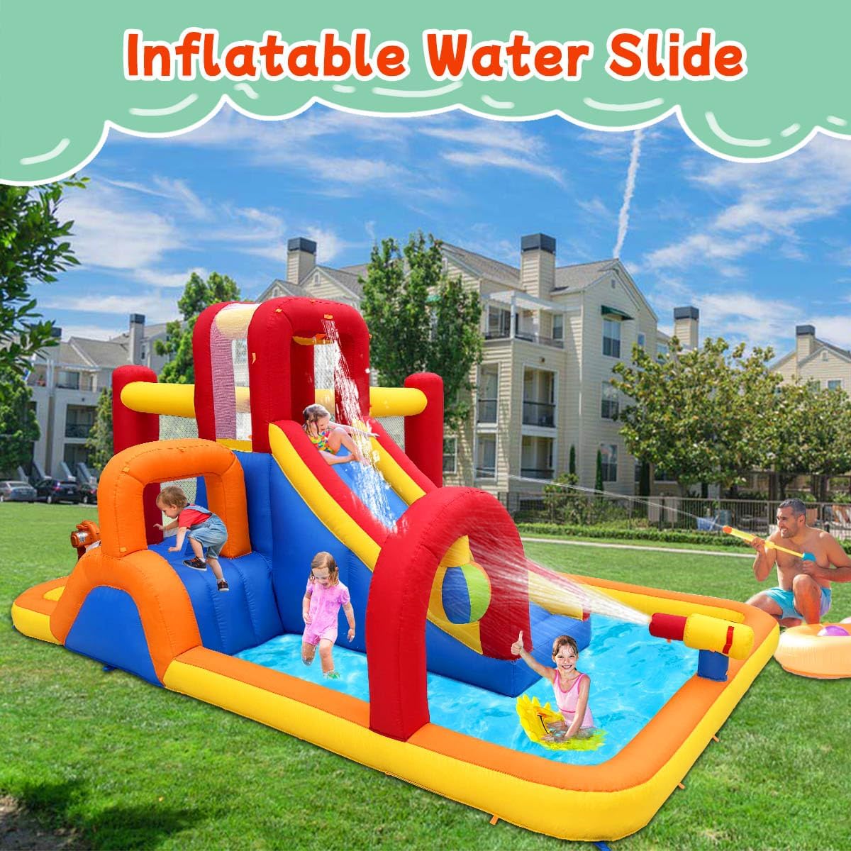 Hongcoral Inflatable Water Slide Bounce House, 10 In 1 With Blower, 2 Slides, 168.1in L x 111in W x 85.4in H - HSHUS-P01