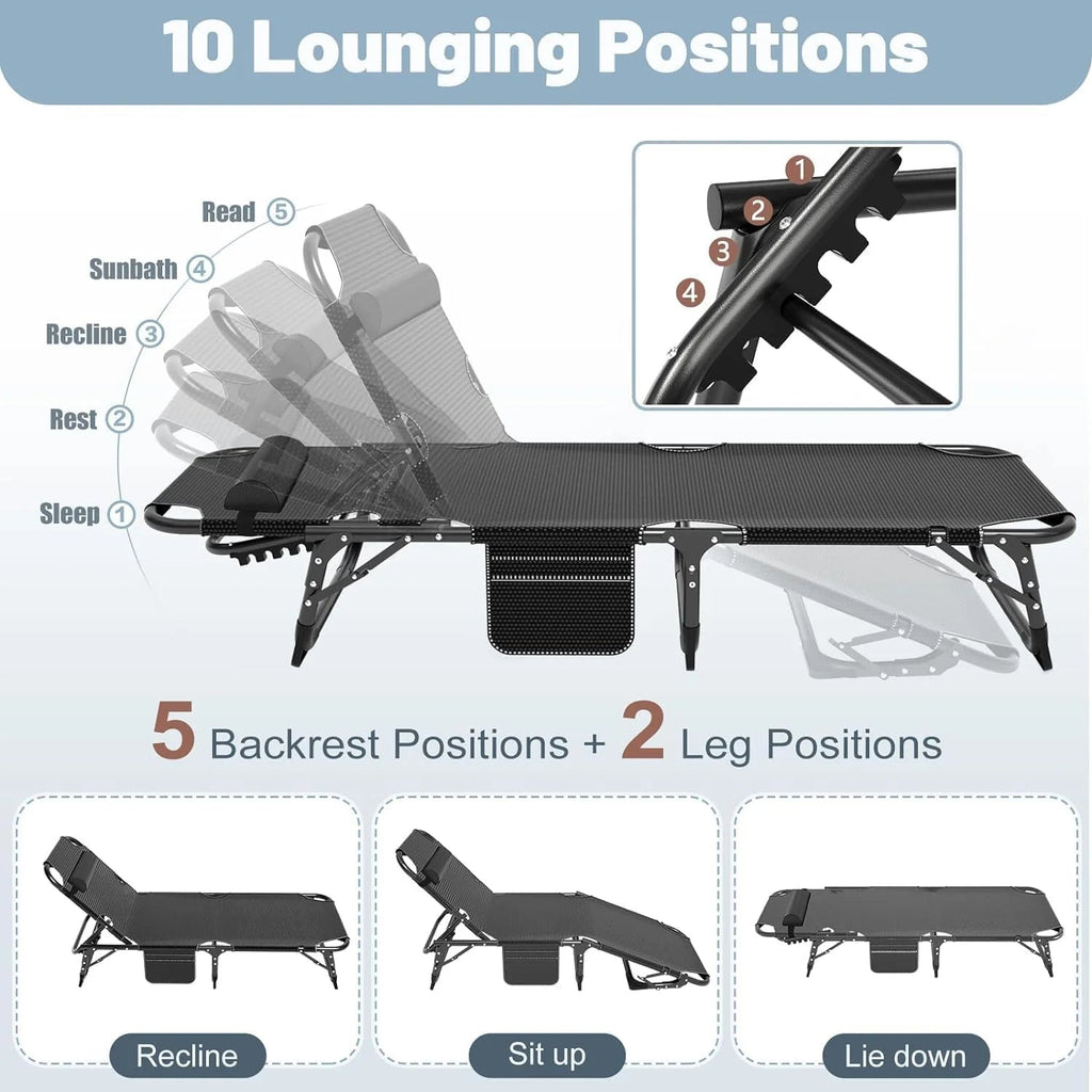 Slsy 5-Position Adjustable Folding Lounge Chair And Cot - 75.2" x 25.6" x 11.8"