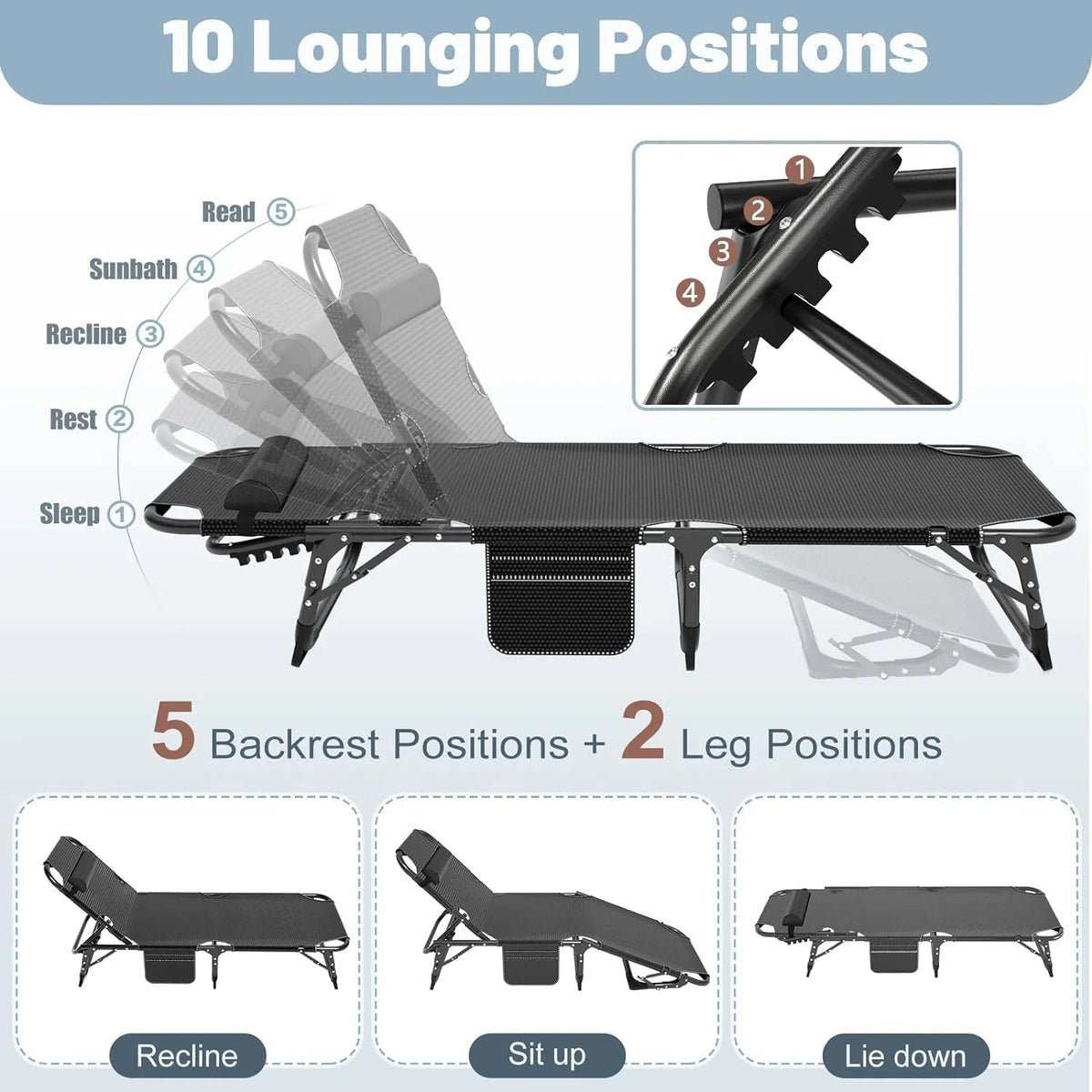 Slsy 5-Position Adjustable Folding Lounge Chair And Cot - 75.2" x 25.6" x 11.8"
