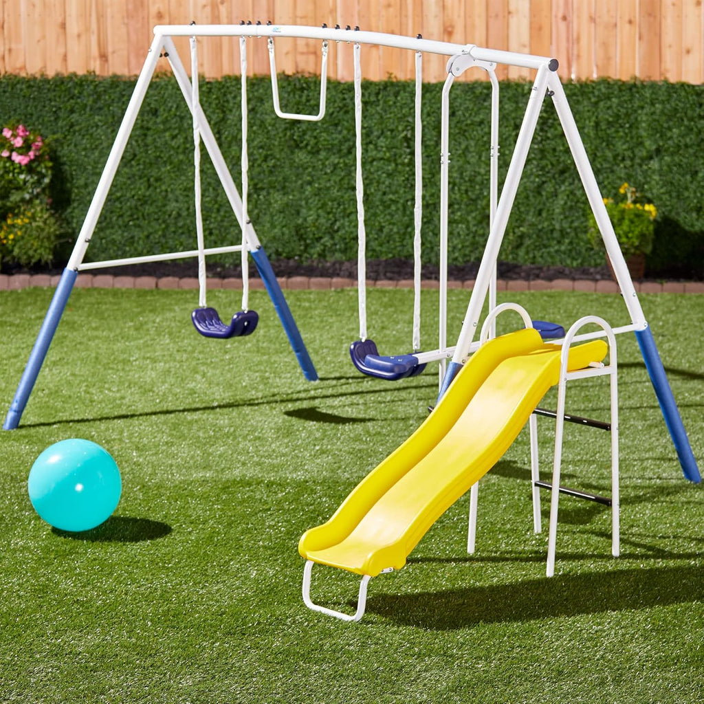 XDP Blue Ridge Metal A-Frame Swing Set With Slide, 2 Swings, Glider And Trapeze, Multicolor - 15 Feet