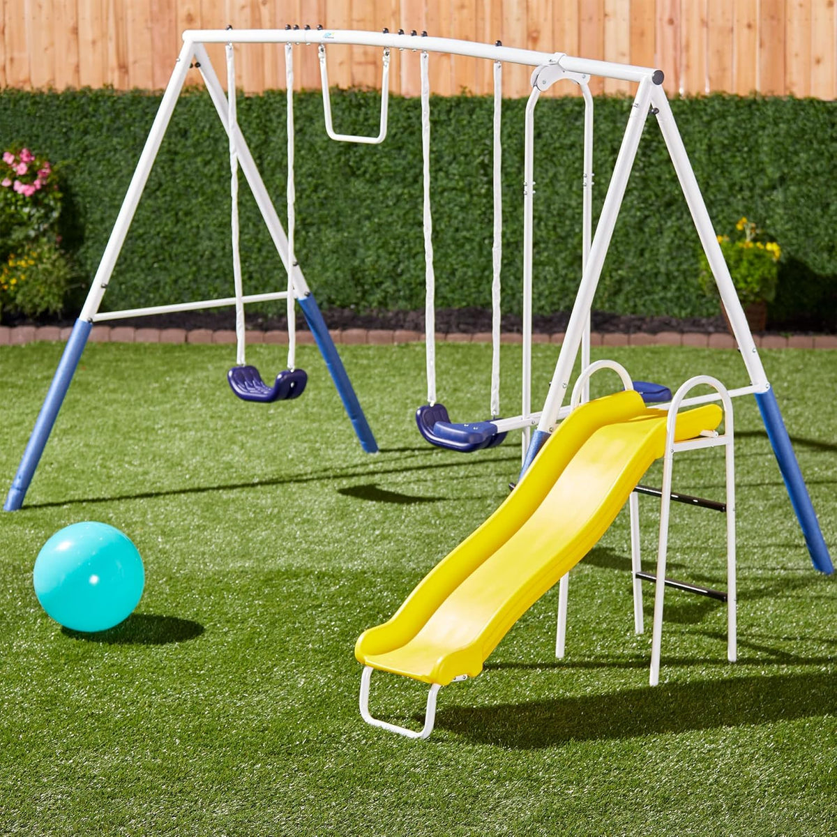 XDP Blue Ridge Metal A-Frame Swing Set With Slide, 2 Swings, Glider And Trapeze, Multicolor - 15 Feet