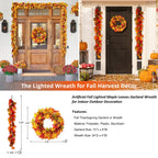 Thanksgiving LED Lighted Fall Maple Leaf Wreath And Garland, 24 in Wreath / 72 in Garland - 20 Clear Lights