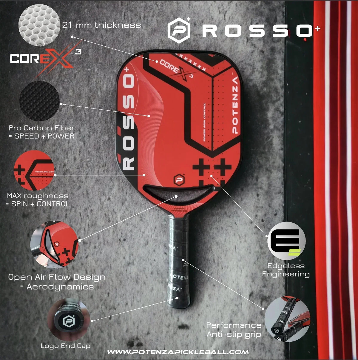 Potenza ROSSO+ Pro Pickleball Paddle - 21 mm COREx3