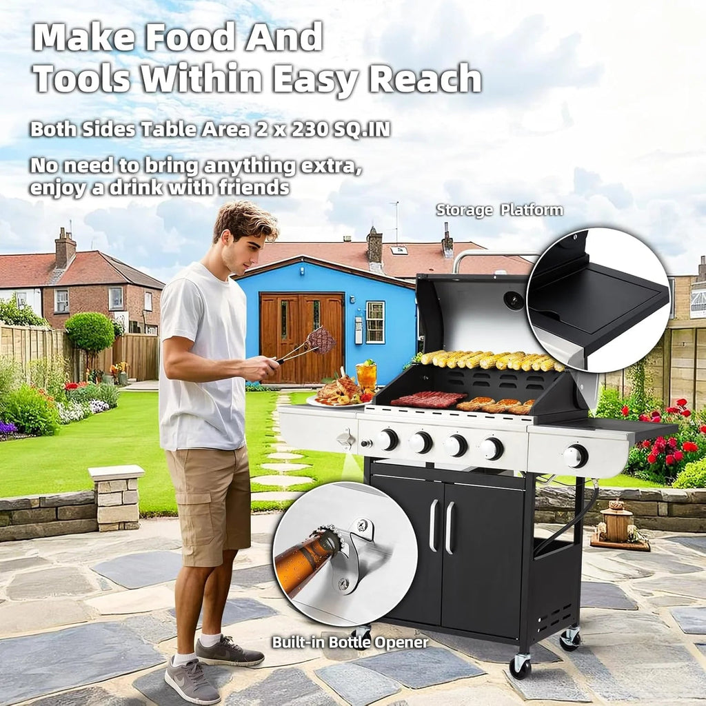 4-Burner Propane Gas Grill With Cast Iron Grates, Side Stove And 44,000 BTU Stainless Steel Burners
